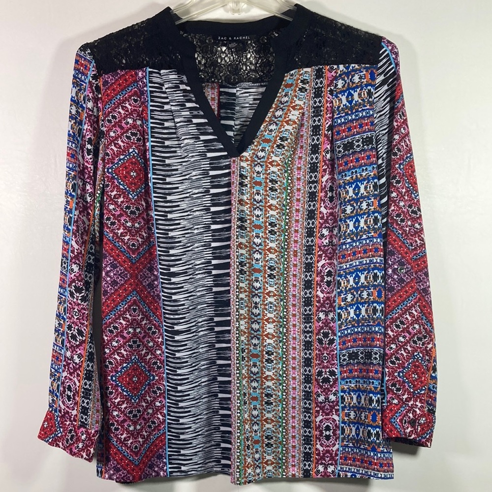 Zac & Rachel V Neck Pull Over Long Sleeve Multi Colored Top Size L/G